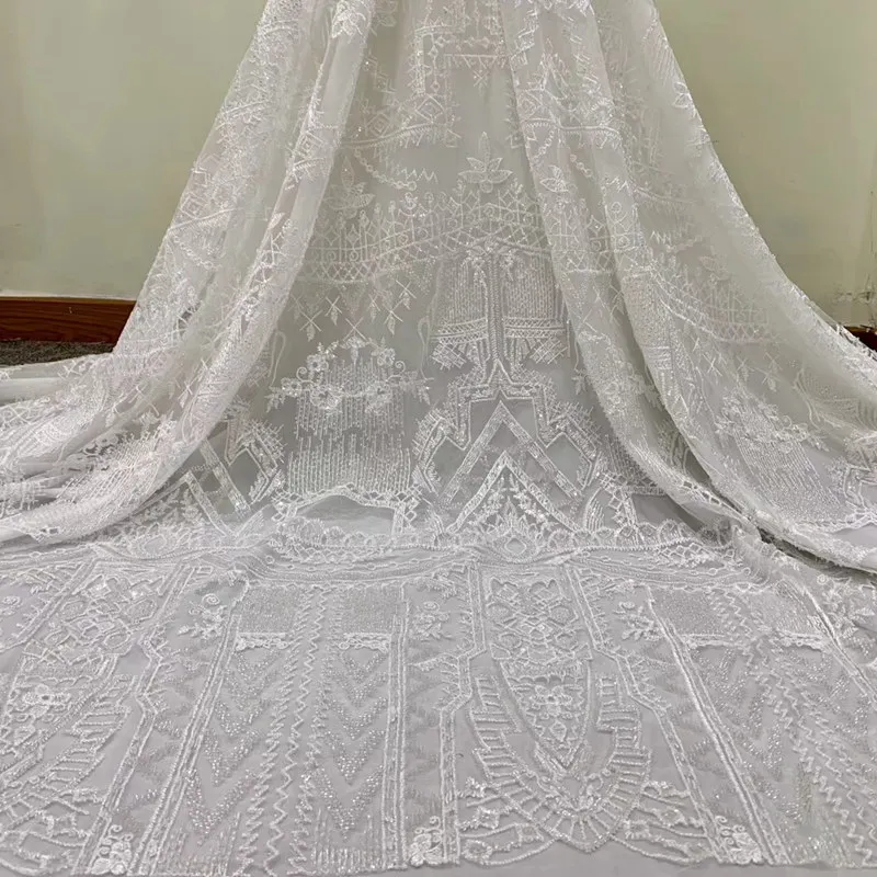 

white french lace fabrics 2019 high quality sequins embroidery tulle mesh lace fabric with beads for wedding dress 5 Yards RG345
