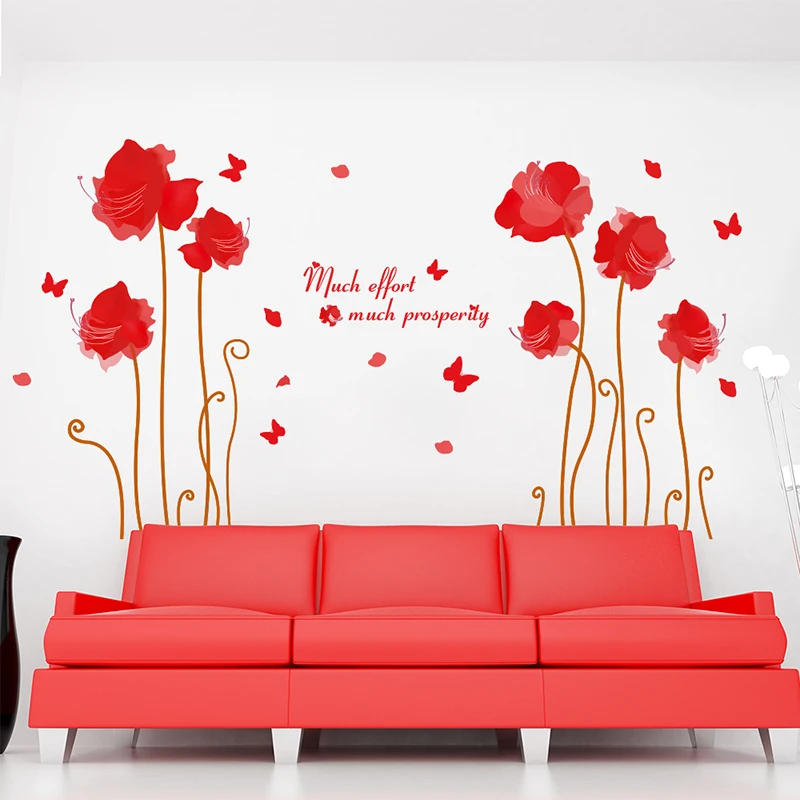 Red flower wall sticker flores shrubs butterflies wall decals for