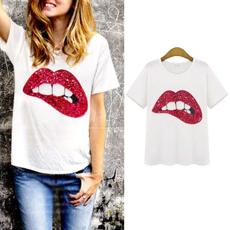 

Leisure Chiffon Blouse Women O-neck Thin section Sequined Mouth Print Blouse Tops Casual Short Sleeve Chiffon shirt NVTX35