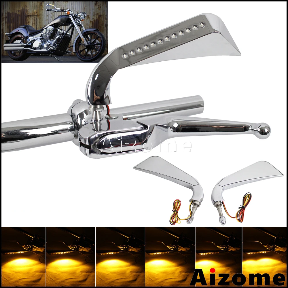 Aluminum Motorcycle LED Side Mirrors w/ Axe Sequential Turn Signals For Harley Sportster Softail Dyna Electra Glide 5/16
