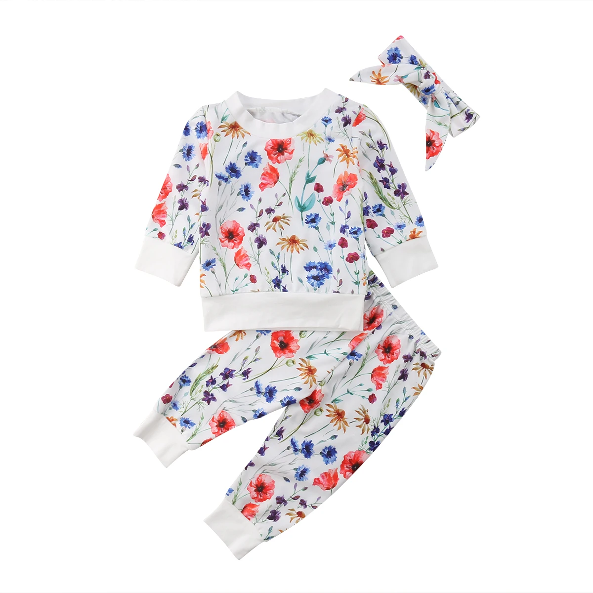 

Children Wear Baby Girl Clothes Long Sleeve Floral T-shirt Tops Flower Pants Head Clothes Set 2019