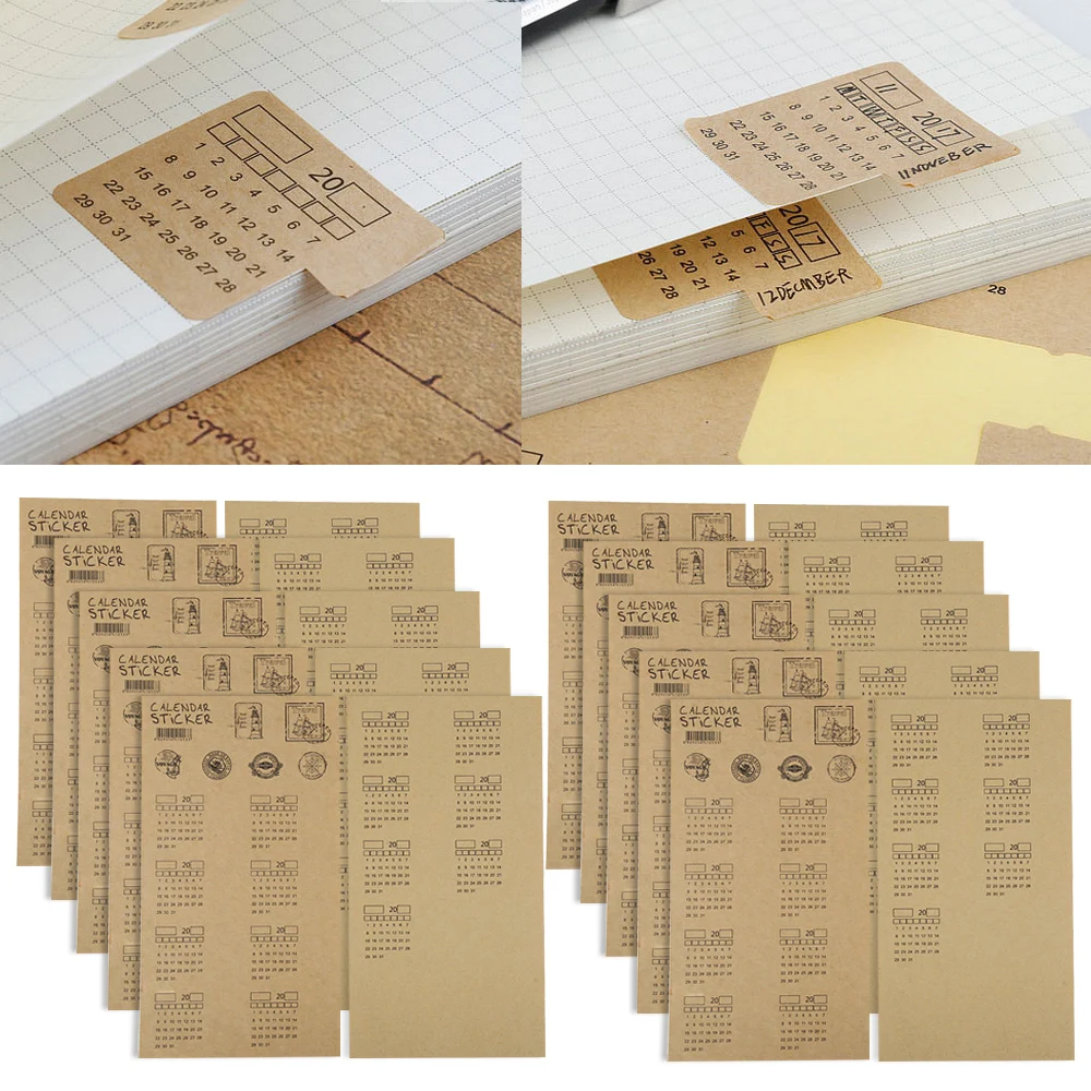 

10 Sheets Kraft Paper Monthly Calendar Index Stickers Tabs for Planner Notebook Scrapbooking School Office Stationery Supplies