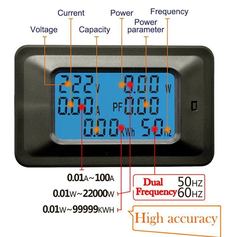 6 в 1 мультиметр ЖК-цифровой измеритель мощности переменного тока 0~ 20A Амперметр Вольтметр монитор напряжение тока кВтч Гц ПФ кВт подсветка 110-250 В