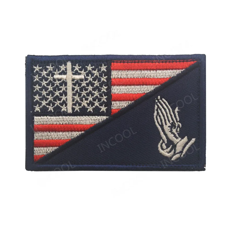 Embroidery Patch Christian Cross USA American Flag US Army Military