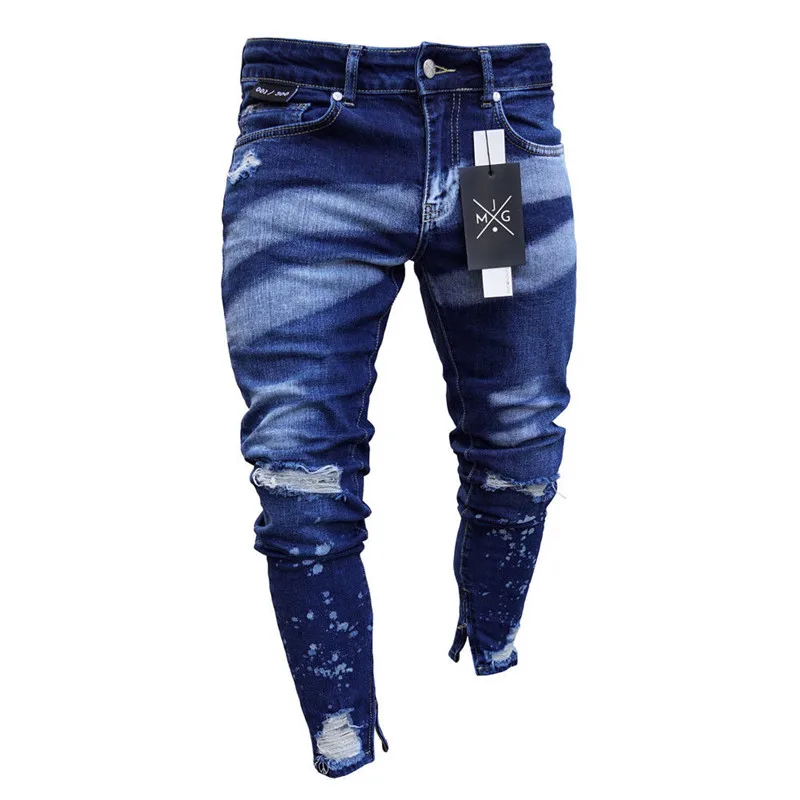 

Mens Fashion Dye Skinny Stretch Jeans Distressed Ripped Jeans Freyed Denim Trousers Cool Streetwear Pants