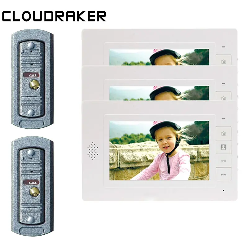 

CLOUDRAKER 7 Inch Video Doorbell Intercom System 3x Monitor with 2x Pi Wired Door Phone Camera