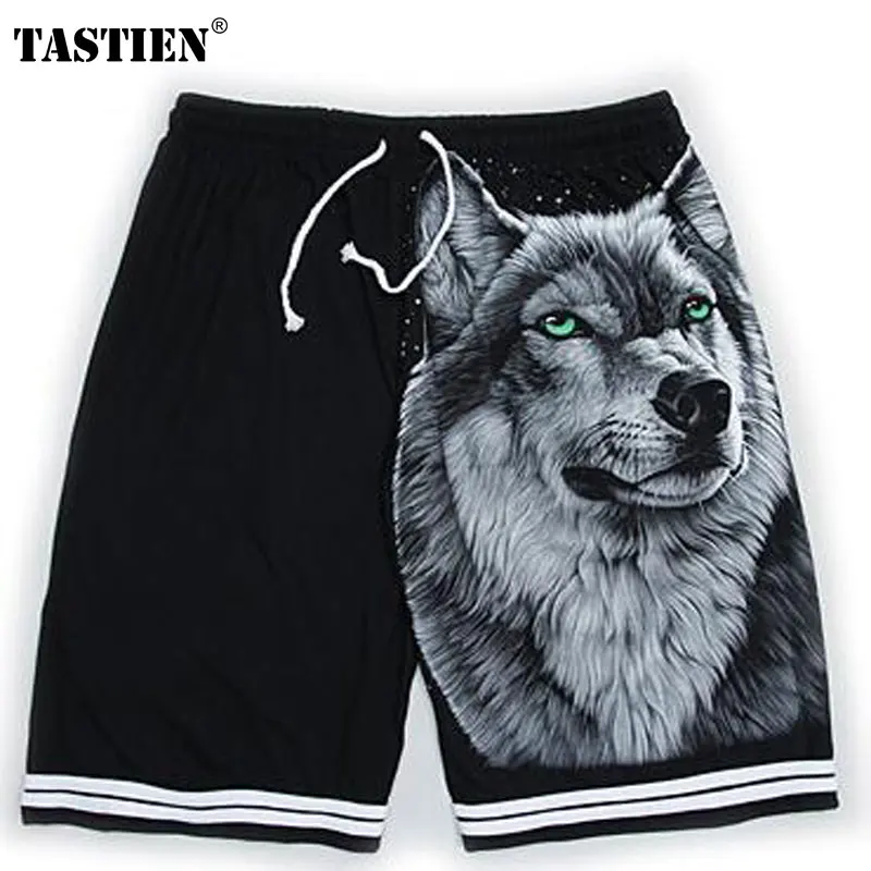TASTIEN 2018 Newest Luminous Mens Shorts Summer Skull Wolf Print Cotton