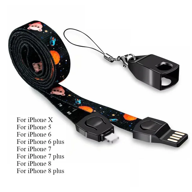 Antirr мобильный телефон ремешок на шею ремешок USB кабель для iPhone X 7 8 Plus 6 6S 5 type C Micro USB Мобильный телефон Мультяшные шнурки - Цвет: black for iphone