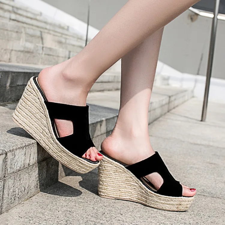 MLJUESE/2018 женские шлепанцы Летние слипоны с открытым носком Черные туфли лодочки на