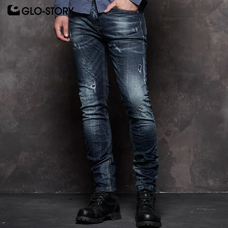 

GLO-STORY High Quality Streetwear Men's Casual Ripped Hole Jeans Male Trousers Denim Pencil Pants For Men 2018 Fall MNK-7695