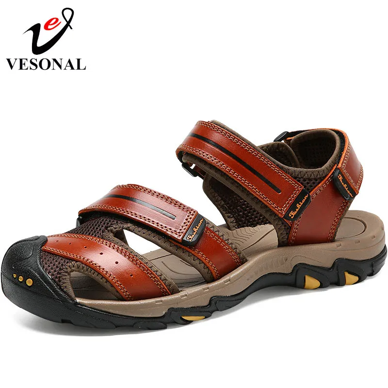 

VESONAL Summer Sandals Male Shoes For Men Adult Casual Genuine Leather Walking Water Quality Beach Sandalias Collision Avoidance