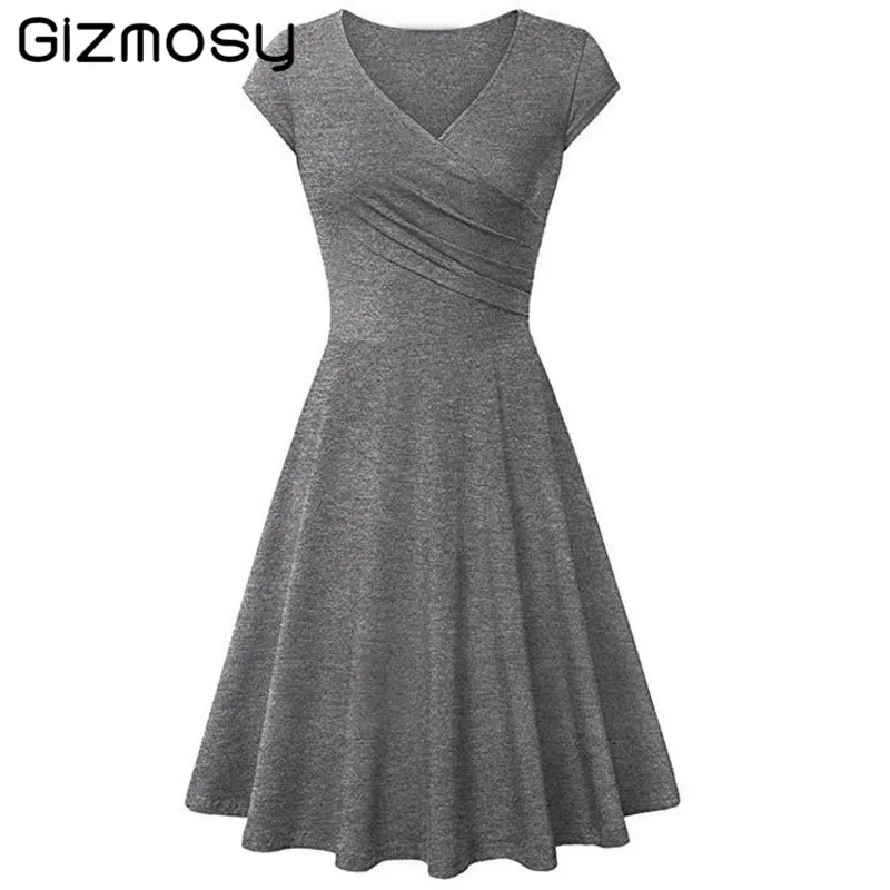 

Summer Casual Office Ladies Irregular Midi Dress Short-sleeved Solid Color Slim Fit Big Swing Pleated V-Neck Dress Women SY5032