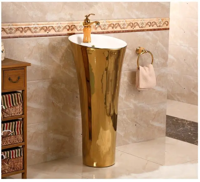 Ceramic Pedestal Washbasin Balcony Floor Bathroom Vertical Pole Basin 