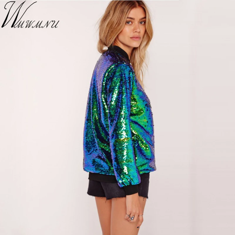 

Fashion Women Sequins Coat Bomber Jacket Long Sleeve Zipper Streetwear Casual Tunic Glitter Outerwear Female 2019 Spring Coats