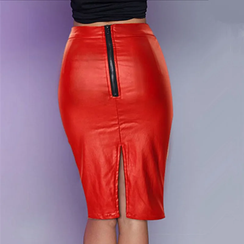 LOGAMI Red Faux Leather Skirts Ladies Midi PU Pencil Skirt Women Summer