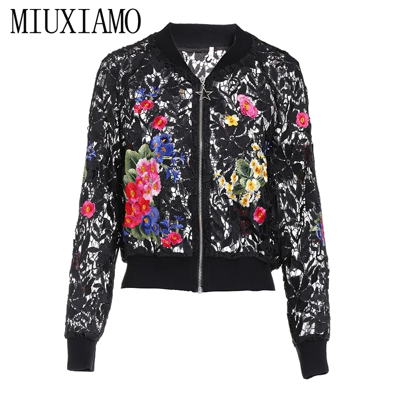 

MIUXIMAO High Quality 2019 Latest Spring New Arrival Europe Style Full Sleeve Zipper Flowers Embroidery Black Jacket Women