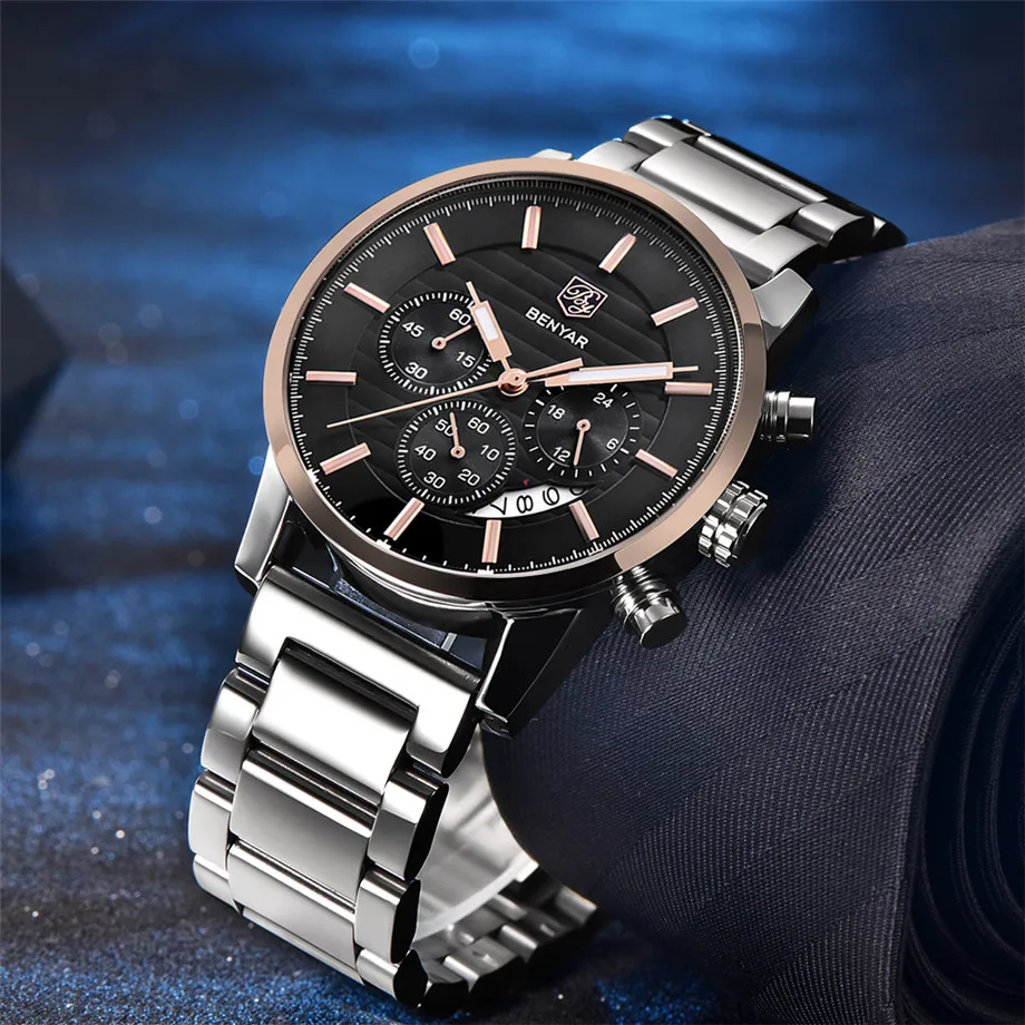BENYAR Watches Men Chronograph Stainless Steel Calender Water Resistant Formal Wristwatches Man's Casual Male Clock Montre Homme (20)