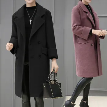 

New Autumn Winter Women Coats Vestidos Plus Size Solid SlimTurn-Down Collar MD-Long Style Woolen Blends Coat For Women Outerwear