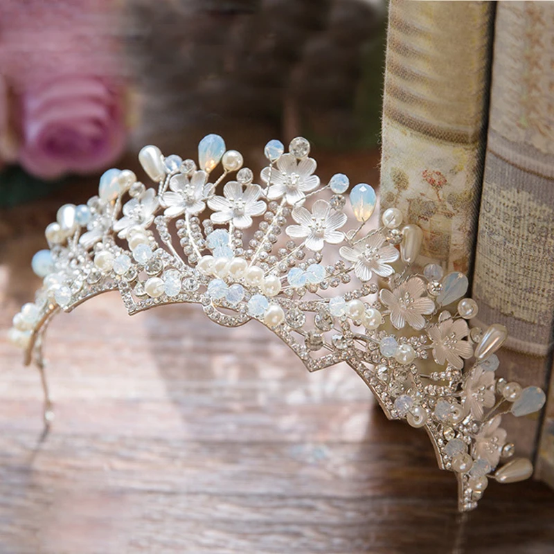 

Light Blue Crystal Bridal Crown Luxury Veil Tiara Alloy Flower Hairband Women Headpiece Wedding Hair Accessories Bride Headband