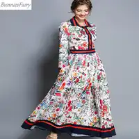 BunniesFairy Fall Women Prairie Chic Elegant Runway Vintage Retro Flower Floral Print Long Sleeve Pleated Dress Turn-Down Collar