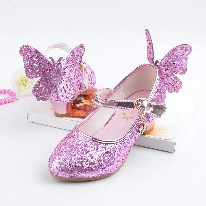 Кожаная обувь для девочек; Детские модные вечерние туфли принцессы; сезон осень; обувь Эльзы для малышей; chaussure enfants fille; EUR26-37 на высоком каблуке - Цвет: Розовый