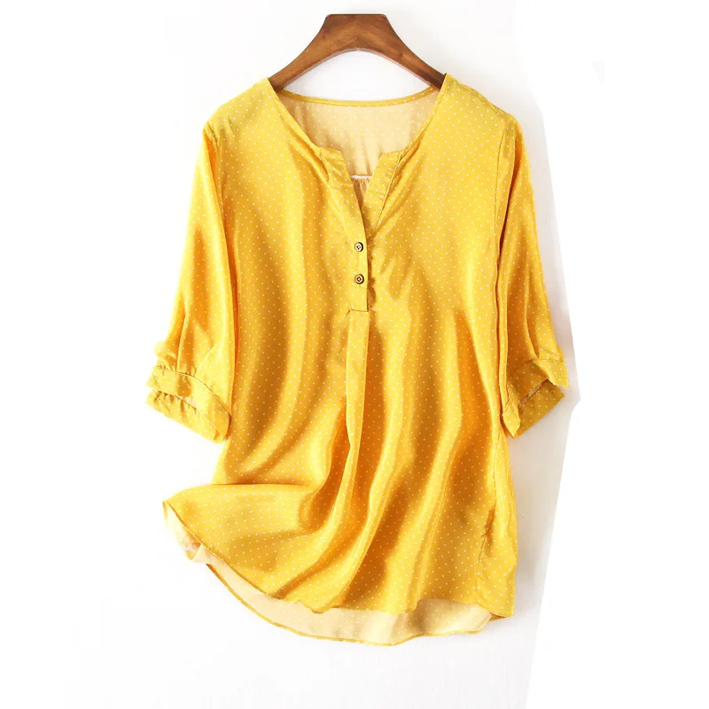 

Women Summer 100% Natural Silk Blouse Real Silk Half Sleeve Basic Shirt office wear dots Top Shirts Silk Blouses for Women