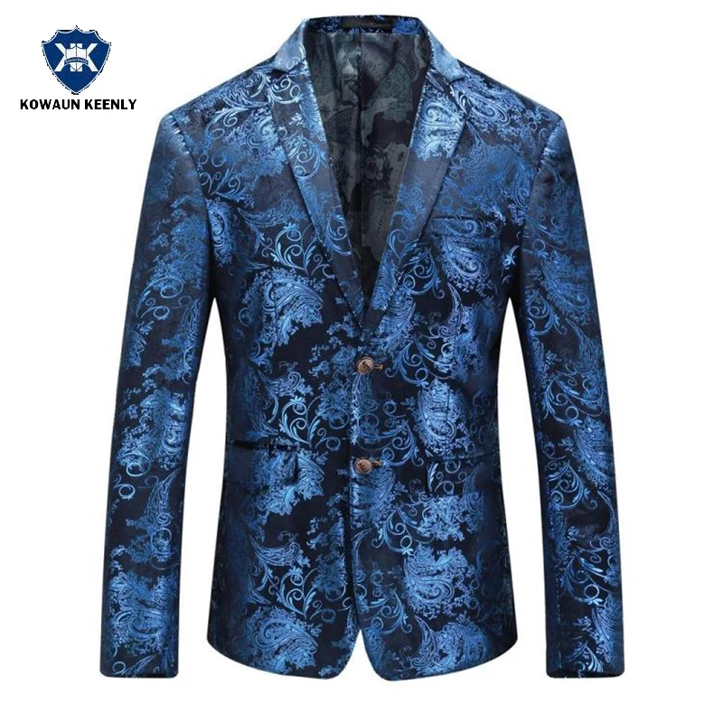 2017 Men's Slim Fit Blue Floral Blazer Print Casual Suit ...