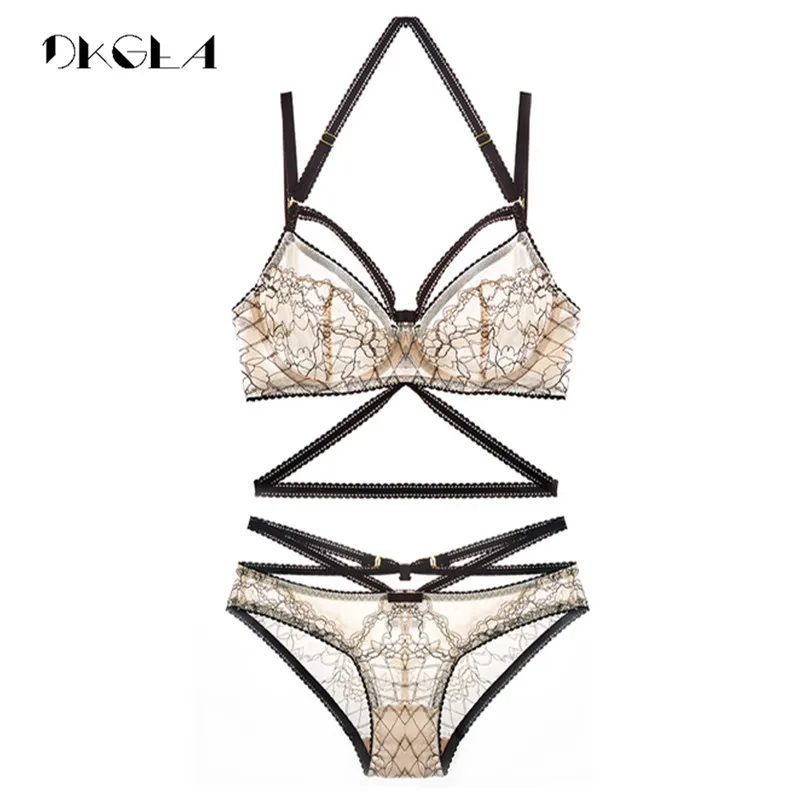 

France Embroider White Lace Underwear Support Lingerie Set For Women Transparent Bra set Sexy Halter Bandage Deep V Temptation