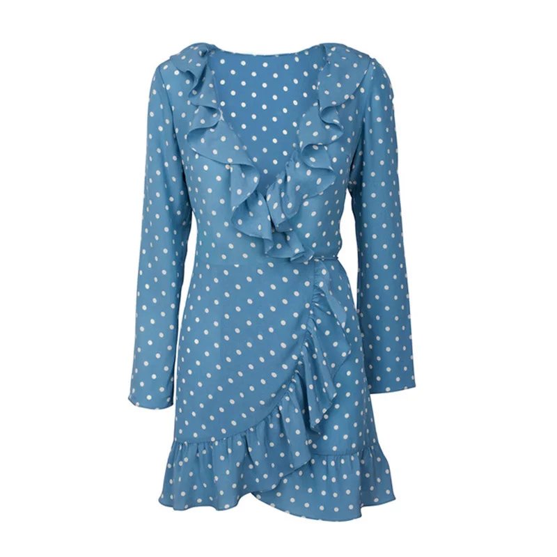 

Summer Lady Sexy Deep V-neck dot print Long sleeve Dresses Hem folds Ruffles Elegant Style Beach Mini Dress Vestidos