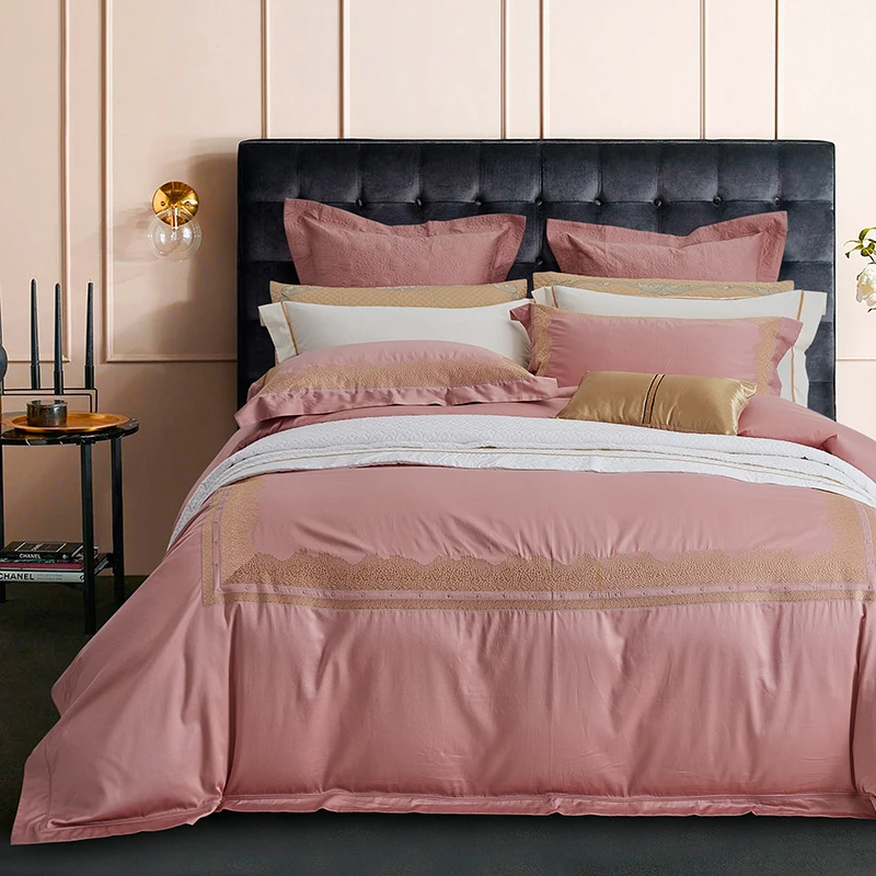 Best Luxury Euro Embroidery 4pcs Pink Bedding Sets 1000 Thread Count Egyptian Cotton Bed Clothes Double Sheets Set Queen King Size 1