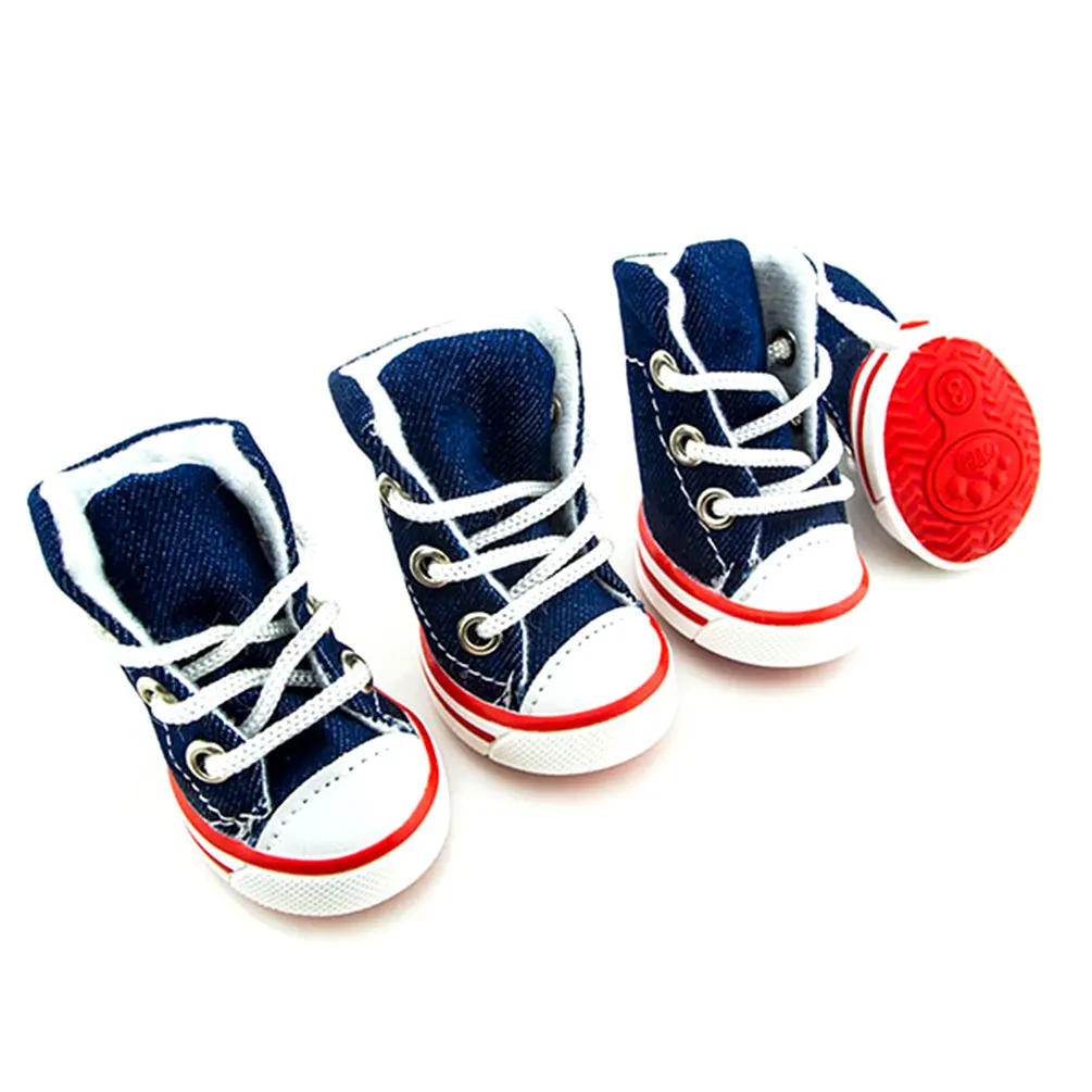 Image Boys Girls Pet Shoes Lace up Denim Canvas Sneakers Sporty Dog Shoes Anti Slip Sole Summer,for Small Dog Cat Puppy