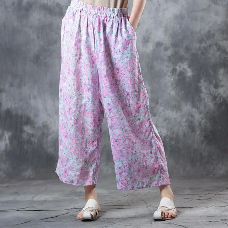 2018 Summer New Fashion Women Ladies Floral Wide Leg Pants Loose Print Ramie Trousers Stretch Waist Boho Pants OL Pantalon (3)