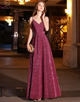 

Wine Red Sequined Prom Dress 2019 New Spaghetti Straps A-line Sleeveless V-neck Sexy Simple Backless Floor Length Evening Dress