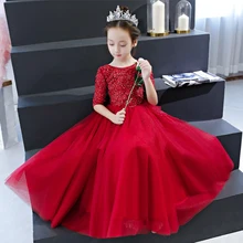 Цвет красного вина святое причастие платье с рукавом до локтя, с украшением в виде кристаллов для девочек в цветочек, платья для свадьбы бальное платье с фатиновой юбкой; вечернее платье принцессы; платья B336