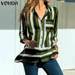 VONDA женская блузка 2019 Весна сексуальные с отворотом шеи с длинным рукавом Топы для элегантных леди полосатая рубашка повседневные