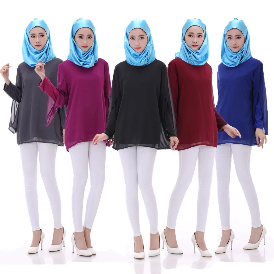 

Pure Color Muslim Chiffon Blouse Islamic Women Arab Ladies Tops Malaysia Dubai Turkish Ladies Clothing Women Muslim Shirts