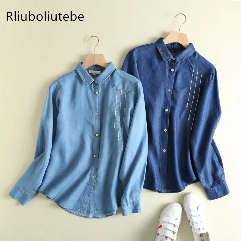 

tencel denim women shirt soft jeans embroidery shirt long sleeves autumn light blue casual tops streetwear womens tops cotton
