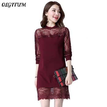 

2019 Spring Autumn fashion knit sweater round neck sexy lace stitching pullover Women Loose sweater long sweater dress S-3XL
