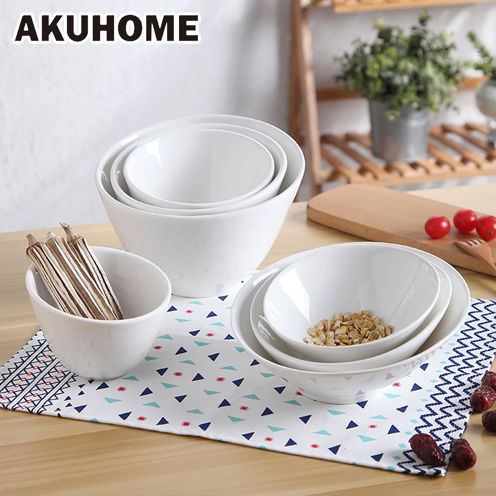 

Ceramic Rice Bowl Tableware Pure White Oblique Soup Bowls Simple and Creative Salad Cutter Bowl Akuhome