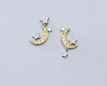 

Real. 925 Sterling Silver jewelry White Zirconia Star &Moon Crescent dangle Earrings GTLE2809