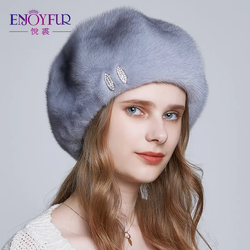 

ENJOYFUR Real Mink Fur Winter Hats For Women Whole Mink Fur Octagonal Cap With Rhinestone Fur Beanies Caps For Girls Hats