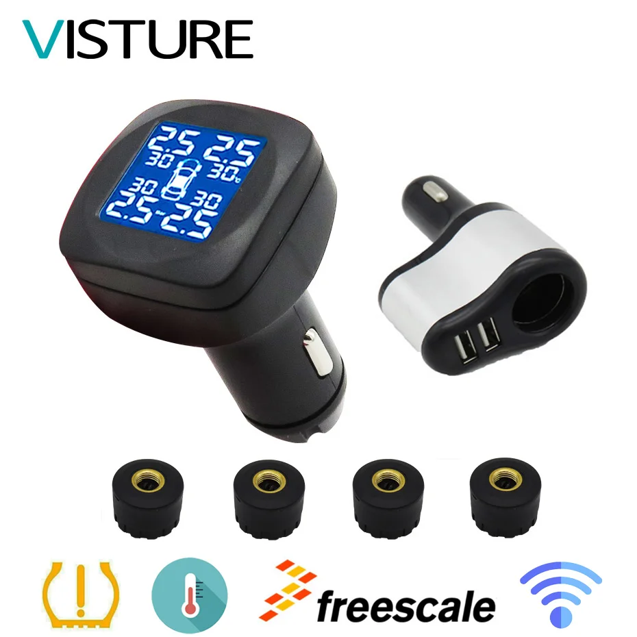 Visture T05WG TPMS автомобильная система контроля давления в шинах дисплей 4 внешних датчика температурная сигнализация Автомобильная сигара зарядное устройство