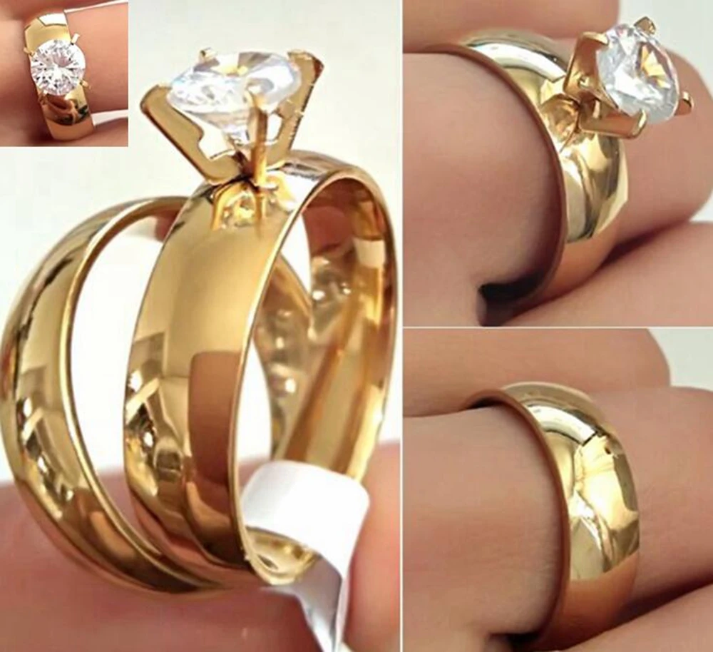

24pcs(12Sets) Gold Couple's Ring Wedding Band CZ Ring Lovers Anniversary Ring Classic Party Jewelry for Men & Women