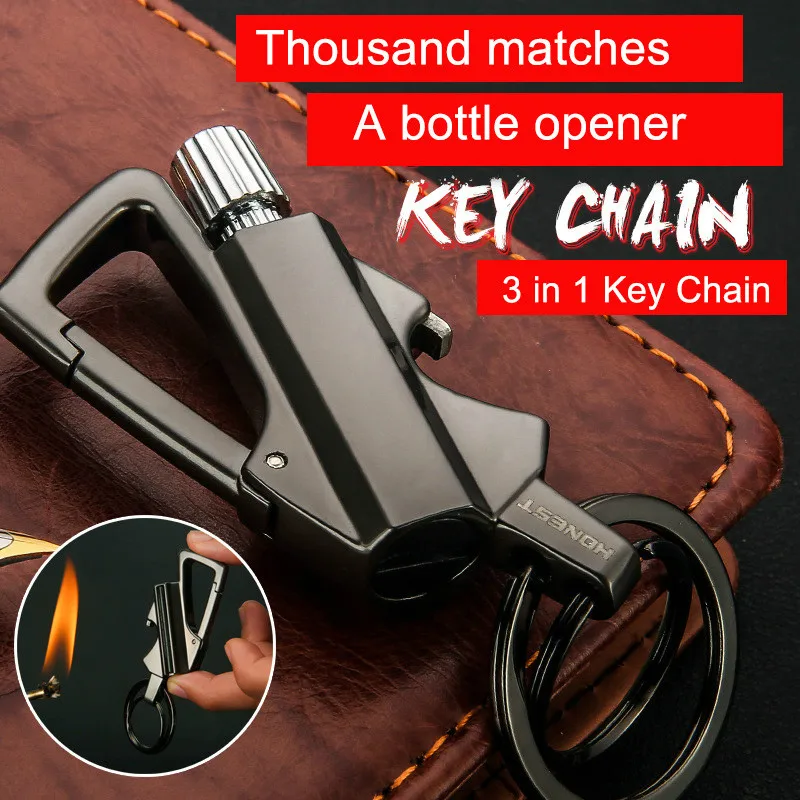 

3in1 Lighter Bottle Opener Fathers Day Gift Key Chain Ignition Kerosene Multifunction Outdoor Cigarette Lighter& Flint
