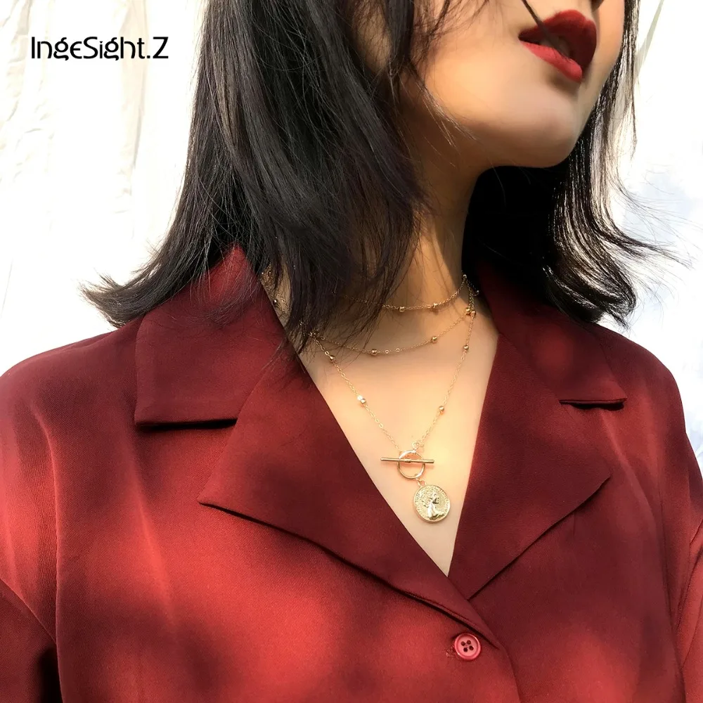 

IngeSight.Z Personalized Cross Circle Portrait Coin Pendant Multi Layer Beads Chain Necklace Choker Women Fashion Jewelry Female