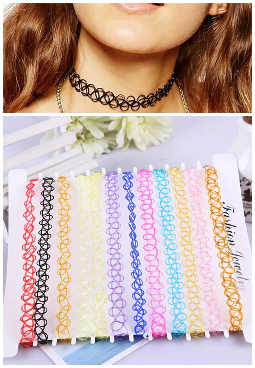 HWetR 12 Pcs Punk Elastic Tattoo Necklace Rainbow Vintage Stretch Elastic Henna Gothic Women Jewelry 12 Colors