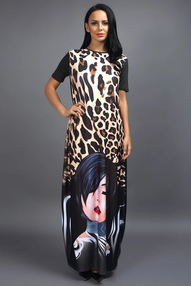 Kostlich Women Dress O-Neck Leopard Beauty Face Print Dress Sexy Women Maxi Long Dresses Plus Size Loose Casual Womens Clothing (22)