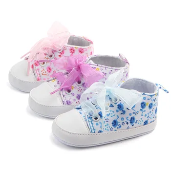 

New Spring Baby Girls Floral Print Shoes Newborn Baby Riband Bow Cute First Walkers Infant Toddler Soft Anti-slip Sole Sneakers