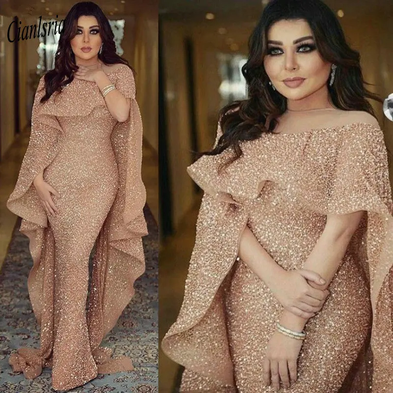 Блестящее Золотое платье с блестками, Дубай Саудовская, длинное вечернее платье русалки с накидкой, иллюзия, круглый вырез, арабский официальный вечерний наряд