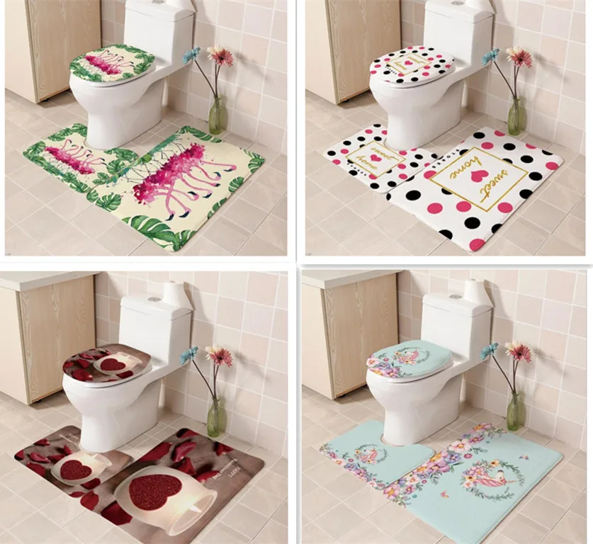 

3pcs Non-Slip Bath Mat Bathroom Kitchen Carpet Doormats Decor Flannel printed toilet three-piece toilet floor mat new